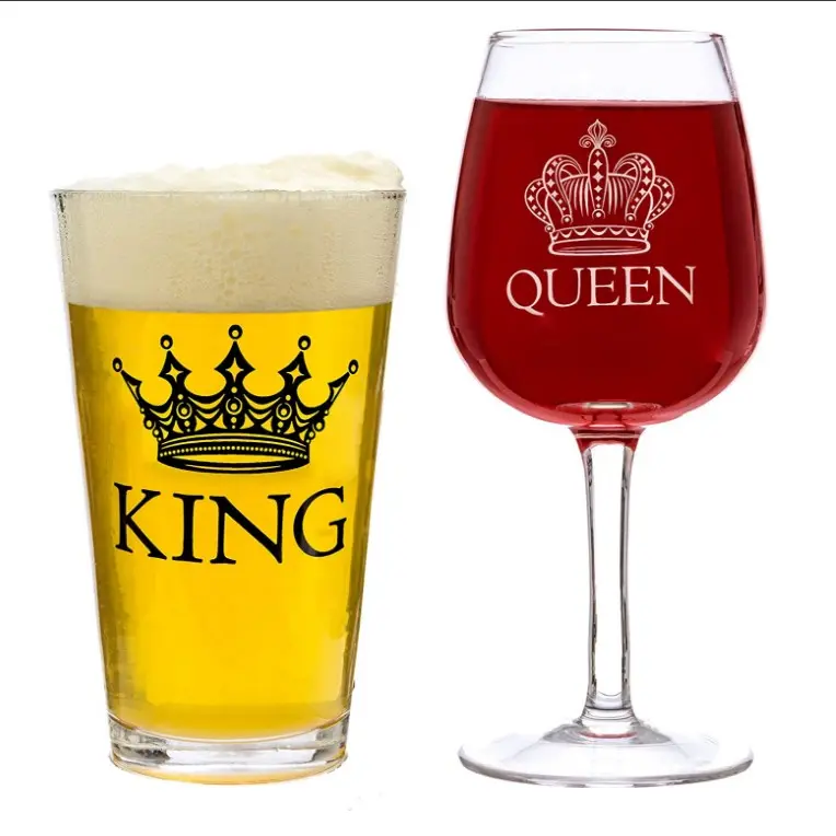 Weihnachten geschenk glas tasse König Bier & Königin Wein Glas Set Hochzeiten König Bier & Königin Wein Glas Set für verkauf
