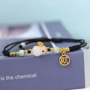 Tahun Baru Beruntung Zodiak Giok Kelinci Gelang untuk Wanita Buatan Tangan Merah Hitam Tali Charm Gelang Pecinta Perhiasan Teman Hadiah Ulang Tahun