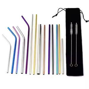 Paille à boire en acier inoxydable avec logo personnalisé réutilisable courbée droite or argent arc-en-ciel noir 30cm avec brosses de nettoyage - Product Image 1