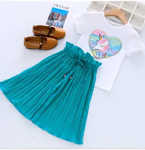 Girls summer clothing 2020 new children sequins cartoon pony T-shirt pleated chiffon wide-leg pants two-piece suit