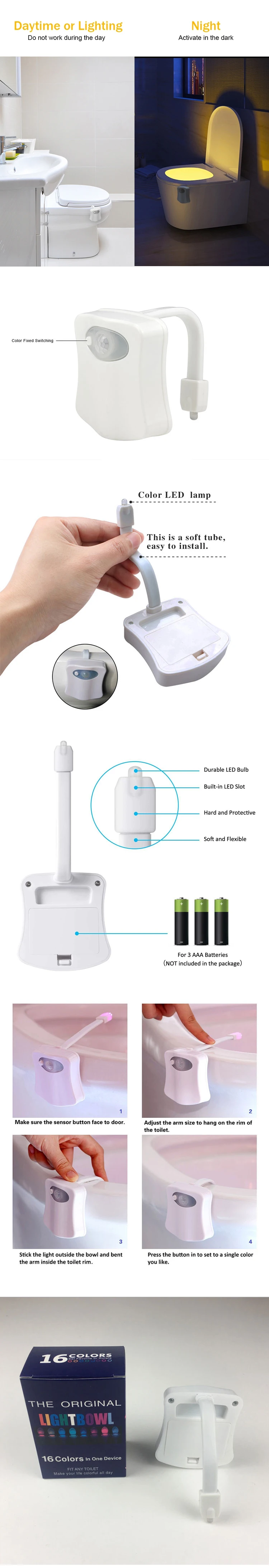 16 Color Body Sensing Automatic Led Motion Sensor Night Lamp Toilet Bowl Bathroom Light Waterproof Backlight For Wc Toilet Light