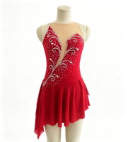 Robe de patinage artistique rouge sans manches, dos nu en V profond, jupe asymétrique ornée de strass pour filles et adultes, compétition et performance