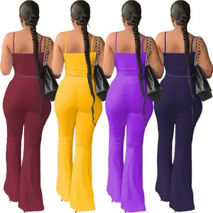 Conyson Latest Design Solid Custom LOGO Streetwear Summer Sleeveless Backless Top 2 2 Pieces Ladies Bell-bottoms Set For Women