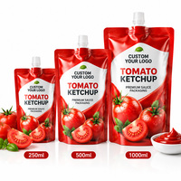 Sachets souples personnalisés imprimés pour ketchup tomate avec bec verseur, plusieurs tailles, refermables, qualité alimentaire, en plastique