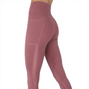 Custom Logo High-Waisted Elastic Waist Breathable Full Length Spandex/Polyester Fitness <b>Leggings</b> Side <b>Pocket</b> Solid Pattern Yoga - Product Image 3
