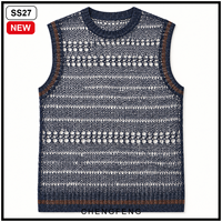 Gilet pull pour homme, logo personnalisé, OEM ODM, bleu marine, ajouré, tricoté au crochet, sans manches, col rond, style rétro, haut d'été