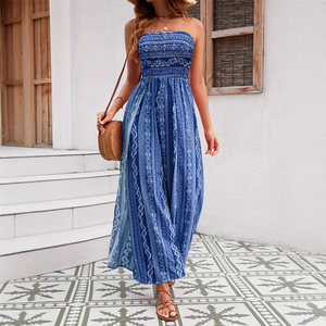 <span class=keywords><strong>Robe</strong></span> longue en velours à imprimé floral numérique <span class=keywords><strong>ethnique</strong></span>, sans bretelles, coupe large, style décontracté, collection été 2026 - Product Image 1