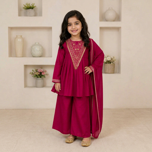 Ensemble Kurta Pyjama pour Filles avec Broderie, en Satin Japonais Premium, Doublure en Micro Coton, Dupatta, Tenue Traditionnelle Indienne/Pakistanaise, Séchage Rapide - Product Image 1