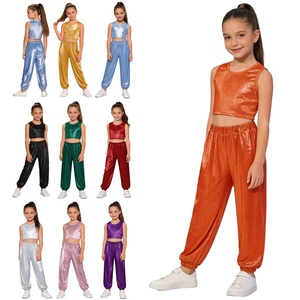 Kids Shiny Metallic Jazz <b>Dance</b> Streetwear Style Crop Top and Jogger <b>Pants</b> Relaxed Fit 2 Piece Set for Girls Custom Stage Shows - Product Image 1