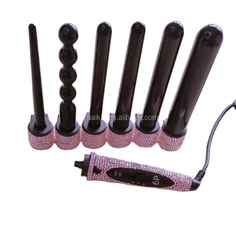 Professional multi function 6 in 1 hair curler ceramic curling iron bling crystal curling wand set