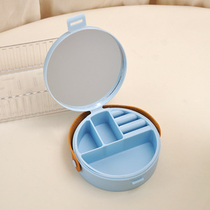Boîte à bijoux ronde personnalisée avec miroir, couvercle en cuir, poignée, 2 couches, organisateur de bagues, boucles d'oreilles, rouges à lèvres, vente en gros OEM - Product Image 3