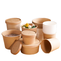 Bol à salade et à soupe en papier kraft jetable avec couvercle, conteneur alimentaire imprimé sur mesure, compatible micro-ondes, pour la vente en gros aux restaurants et à emporter