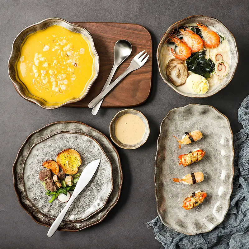 カスタム日本ブリーフセラミック食器セット手作りホテル使用ヴィンテージ素朴なステーキサラダ料理デザートフルーツプレートスープボウル