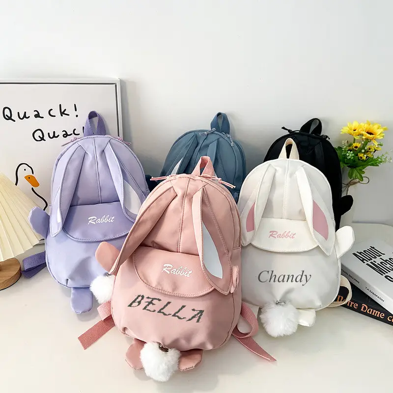 Zaino per orecchie da coniglio con borsa a tracolla per bambini in tela carina in bianco con ricamo personalizzato con borsa da scuola per bambini con cerniera monogramma Pom Pom