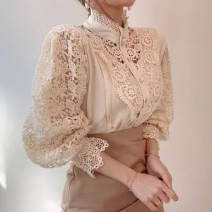 Custom Spring And Autumn Loose Women Elegant Long Sleeve Stand Collar Lace Hollow Out Casual Women Blouses Shirts