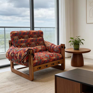 Sillón Individual de Madera Maciza, Estilo Nórdico Retro, Diseño de Tela, Sillón de Descanso para Sala de Estar, Balcón, Hotel, Casa de Huéspedes - Product Image 4