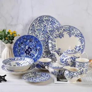 Wholesale Nordic Blue and White Underglaze Ceramic Dinner Plate and Cooffe set