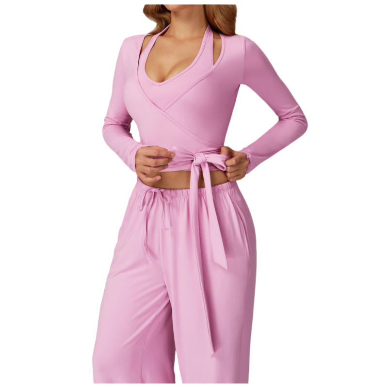 High-End Solid Seamless Spandex Long Sleeve Activewear Yoga Top Outfit with Tie Straps for Gym & Outdoor Exercise