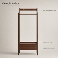 Porte-manteau sur pied en bois de noyer noir Olid avec armoire de rangement et barre à chapeaux pour chambre à coucher