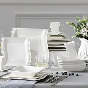 Elfenbein Weiß Eleganz Feines Porzellan Geschirr Set Modernes Geschirr Dessert Teller Set 16 Stück 30 Stück Porzellan Quadrat Geschirr Set