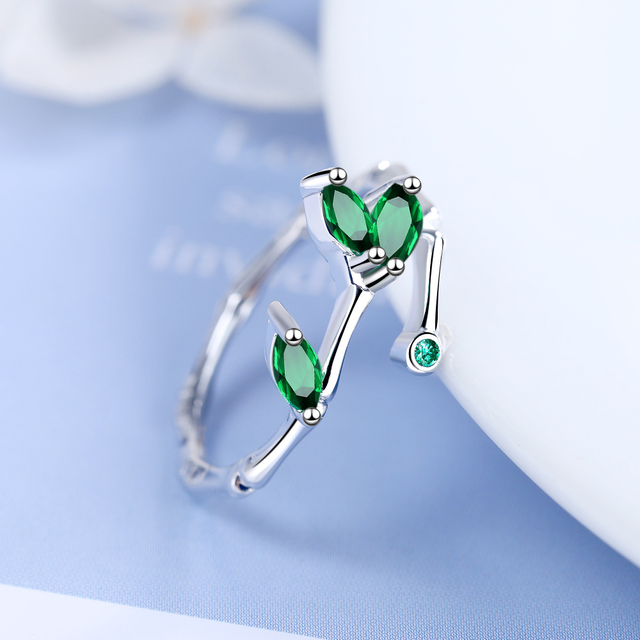 Custom Bamboo Leaf Diamond Open Ring for Women Stainless Steel Korean Style Nature Inspired Design Fashion Finger Jewelry