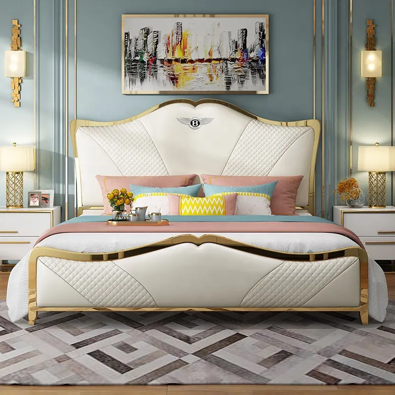 Muebles de dormitorio de estilo Simple del Norte, cama individual de cuero y madera contrachapada de Metal, suave, de último diseño, tamaño Queen, color blanco