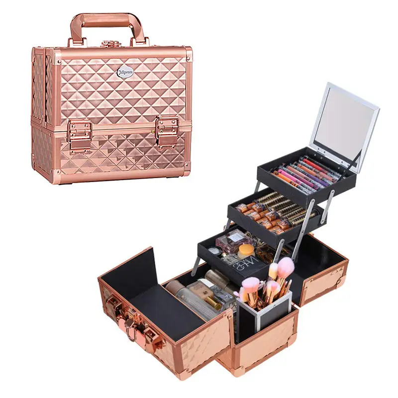 Wholesale Manufacturer Professional Aluminum Rose Gold Diamond Travel Makeup Train Cosmetic Vanity Box Vanity Case