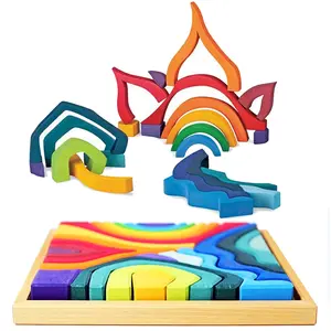Bloques de construcción de madera de arcoíris para niños, juguetes geométricos, regalo educativo, Casa/volcán, madera colorida