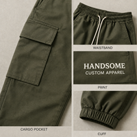 Pantalon de jogging homme en sergé tissé à cordon de serrage, poches cargo, impression sérigraphiée, revers élastiques, style streetwear, marque privée