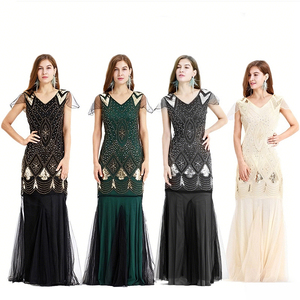 Elegante <span class=keywords><strong>Vestido</strong></span> de Noche Largo de Gasa Estilo Sirena Vintage para Mujer, con Cuello en V, Bordado y Pedrerí<span class=keywords><strong>a</strong></span>, para Fiesta o Evento Formal - Product Image 1