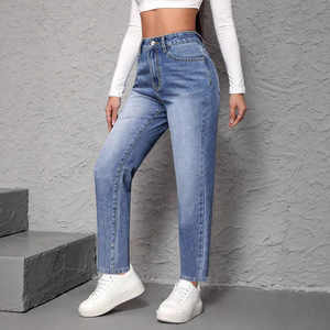 Jeans de Pierna Recta Azul Claro para Mujer Talla Grande, Alta Elasticidad, Lavado Medio, Estilo Casual, Mercado de Europa, América y África - Product Image 2