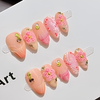 Faux ongles floraux faits à la main, forme amande, couvrance totale, pour doigts