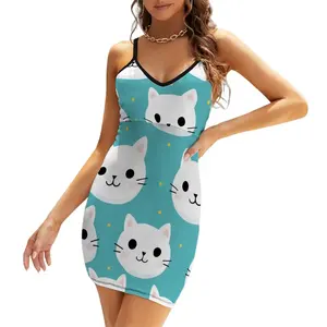 ODM Short Spaghetti Strap Bodycon <b>Dress</b> V- Collar Sexy <b>Summer</b> <b>Knee</b>-<b>Length</b> Office Lady Style Translucent Fabric Mix for Day - Product Image 2