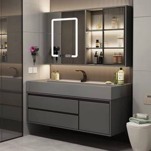 <span class=keywords><strong>Meuble</strong></span>-lavabo mural gris moderne avec miroir LED intégré, <span class=keywords><strong>vasque</strong></span> intégrée et grand rangement pour hôtel - Product Image 5