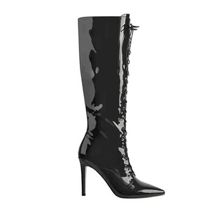 Large Size 46 Lace up Slim <b>Heels</b> Shoes Women Pointed Toe Patent Long Side Zipper Sexy Knee High Leopard Prints Boots - Product Image 5