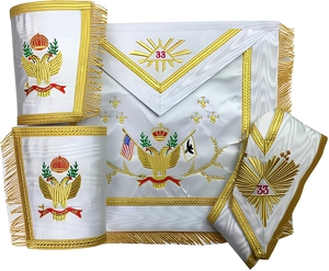 Masonic Scottish Rite 33rd Degree <b>Leather</b> <b>Apron</b> Collar Gauntlets Set Golden Beads Magnet Embroidered Wings USA Flags Classical - Product Image 1