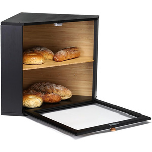 Triangular Bread Box Double Layer Black Wood <b>Storage</b> <b>Kitchen</b> Food Container With Glass Door For Bread <b>Storage</b> - Product Image 5