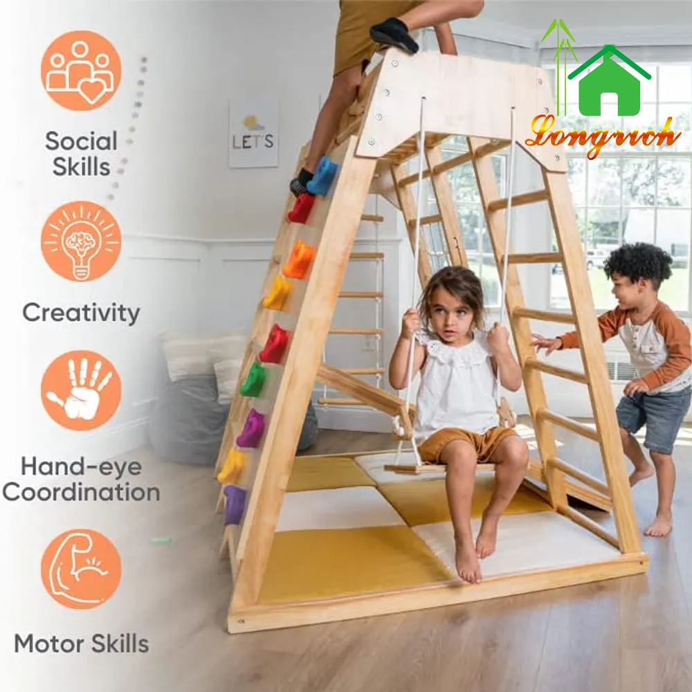 Toddler Activity Climber Kids Outdoor Indoor Wood Climbing Frame Slide with Ramp And Swing Climb Rope Ladder