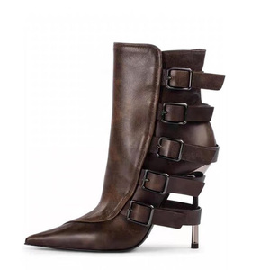 Big Size 46 Women's Back Metal Buckles Short Boots Slim High-Heeled <b>Pointed</b> Toe Ankle Booties Straight Upper Side Zipper Shoes - Product Image 2
