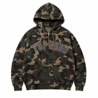 Sweat-shirt à capuche en coton pour homme, coupe courte et ample, entièrement zippé, avec broderie et appliqué de sequins camouflage, en molleton épais personnalisé