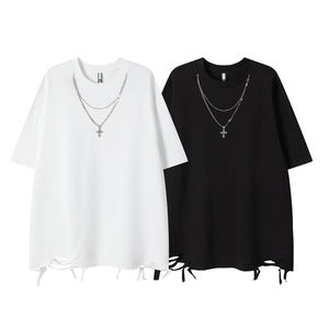 T-shirts déchirés et délavés à manches courtes pour hommes, style hip-hop européen et américain, avec logo personnalisé, coupe ample, style streetwear - Product Image 5