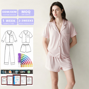 <b>Summer</b> Short Sleeve Custom Pink Modal <b>Pyjamas</b> Cotton Sleepwear Piping Women Bamboo Pajamas Set <b>for</b> Women - Product Image 1