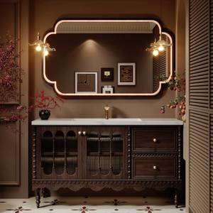Solid Wood Bathroom Vanity with LED Light Mirror and Single Sink Retro Bathroom Cabinet for Hotel Home - Product Image 1