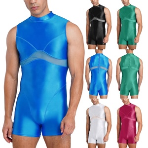Mens One Piece Swimsuit Sleeveless Short Legs Unitard Bathing <b>Suit</b> Back Zipper Mesh Panel Swimwear Custom - Product Image 1