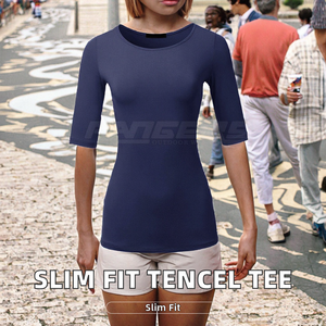 T-shirt pour femme STYLE QS2474C-XB, 100% coton, col rond, manches régulières, couleur unie, coupe ajustée, haut décontracté, uni, tricoté, été - Product Image 2