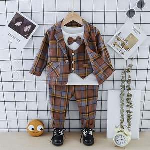 Ensemble Costumes Garçons Plaid 0-5 Ans Automne, T-shirt Manches Longues+<span class=keywords><strong>Manteau</strong></span>+Pantalon, Ensemble 3 Pièces Robe de Fête Mode pour Tout-Petits - Product Image 5