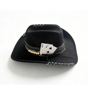 Nouvel Arrivage <span class=keywords><strong>Chapeau</strong></span> de Cowboy Western Vintage en Feutre à Large Bord avec Ornement Cartes à Jouer et Ceinture Perlée, pour Costume de Fête Cosplay Hommes Femmes - Product Image 2