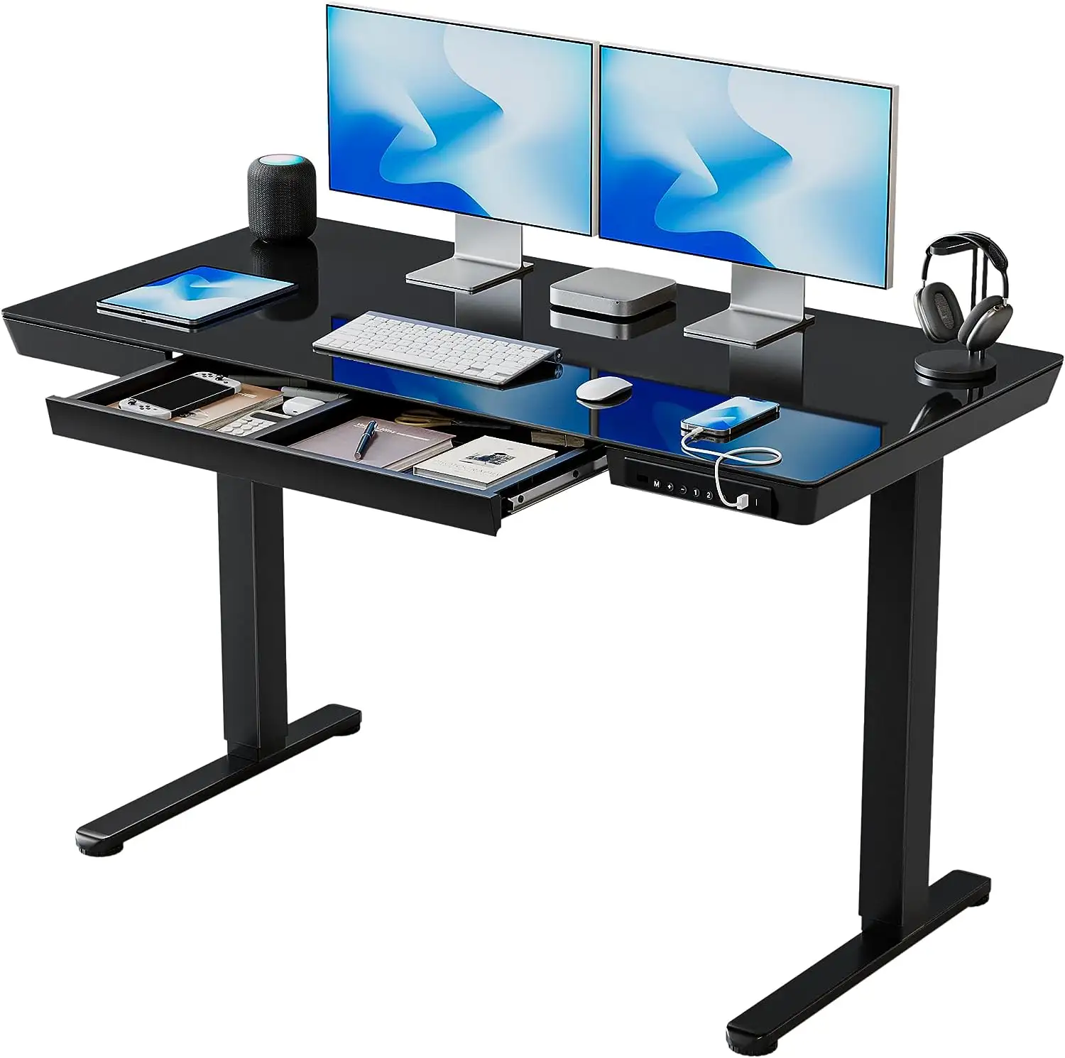 48 x 24 inch standing desk with drawers, sit-stand desk with pre-assembled top and USB charging port