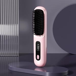 0728 Cordless 3000mah Portable Rechargeable Fast <b>Heated</b> Hair Brush Mini Straightener Hot Comb Display - Product Image 3