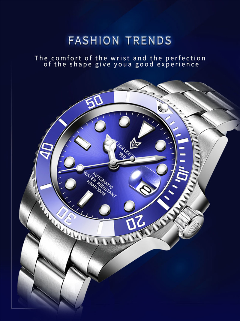 Top Brand LIGE Men Watches Luxury Sapphire Waterproof Automatic Mechanical Watch Fashion Business Full Stainless Steel Clock